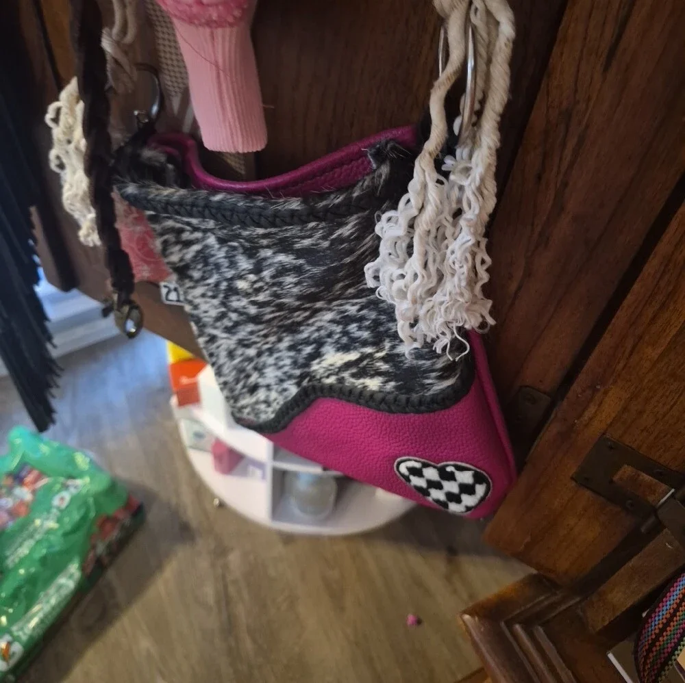 Pink and Black Cowhide Crossbody Bag with Heart Patch Like New